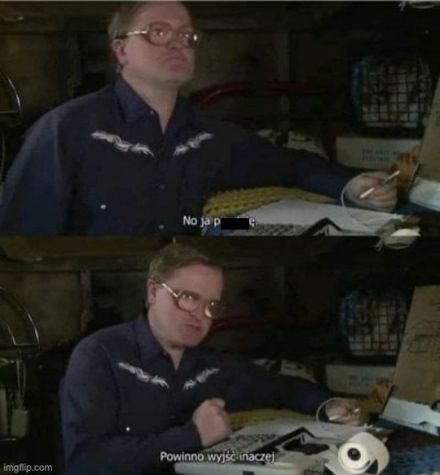 Zdenerwowany mężczyzna w okularach pochyla się nad kalkulatorem i mówi: "No ja p*ę. Powinno wyjść inaczej".