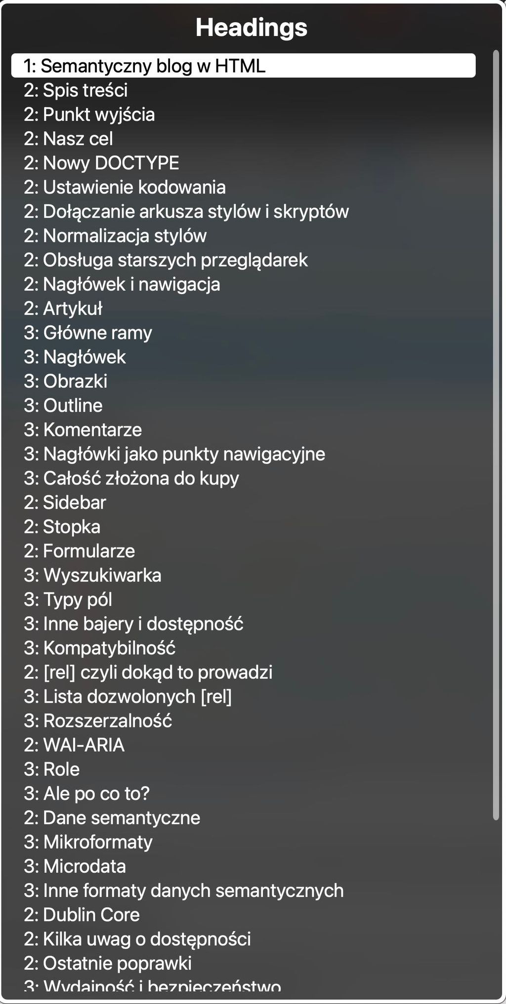 Lista wszystkich nagłówków na stronie; pierwszy nagłówek jest zaznaczony; dla każdego nagłówka jest podany jego poziom oraz treść.